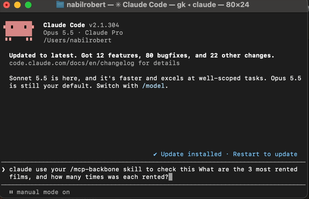 Claude Code loads the query-database skill, calls list_tables and describe_table, then answers with the three most rented films.